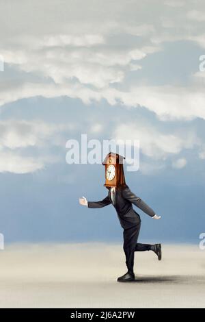 surreal businessman with cuckoo clock on his face runs fast Stock Photo