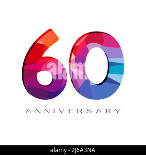 Anniversary 60th 3D concept. 60 years old red and blue numbers. Isolated abstract graphic design template. Creative bright 6 and 0 in stained-glass st Stock Vector