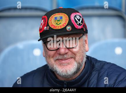 London, UK. 29th April 2022.   A Sheffield Utd fan during the Sky Bet Championship match at the Kiyan Prince Foundation Stadium, London. Picture credit should read: David Klein / Sportimage Credit: Sportimage/Alamy Live News Stock Photo