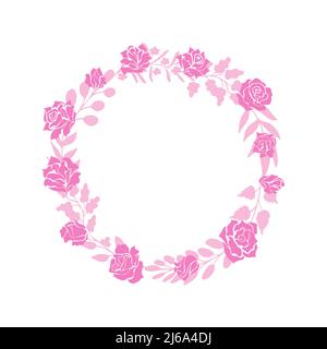 Pink wreath made of rose flowers and buds, leaves and twigs. Floral decor, vignette, modern silhouette style Stock Vector