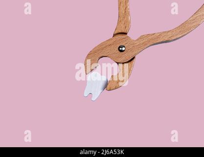 Dental forceps with pulled tooth. Extraction caused by decay, gum disease, injury, impaction, overcrowded teeth. Oral health problems concept. Wooden model of tool for dentist work. High quality photo Stock Photo