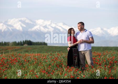 Poppy fields near Leninskoe village near the city of Bishkek in Kyrgyzstan. Stock Photo