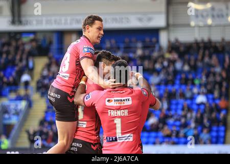 Warrington, UK. 29th Apr, 2022. Iain Thornley #4 of Wigan Warriors celebrates his try  in Warrington, United Kingdom on 4/29/2022. (Photo by Mark Cosgrove/News Images/Sipa USA) Credit: Sipa USA/Alamy Live News Stock Photo