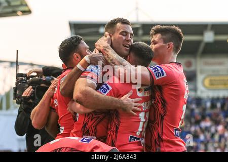 Iain Thornley #4 of Wigan Warriors celebrates his second try Stock Photo