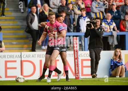 Warrington, UK. 29th Apr, 2022. Warrington, England -29th April 2022 - Iain Thornley of Wigan Warriors celebrates scoring 2nd try.  Rugby League Betfred Super League Round 10 Warrington Wolves vs Wigan Warriors at Halliwell Jones Stadium, Warrington, UK  Dean Williams Credit: Dean Williams/Alamy Live News Stock Photo