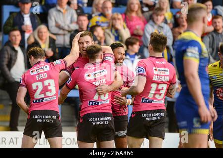 Warrington, UK. 29th Apr, 2022. Warrington, England -29th April 2022 - Iain Thornley of Wigan Warriors celebrates scoring 2nd try.  Rugby League Betfred Super League Round 10 Warrington Wolves vs Wigan Warriors at Halliwell Jones Stadium, Warrington, UK  Dean Williams Credit: Dean Williams/Alamy Live News Stock Photo