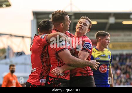 Warrington, UK. 29th Apr, 2022. Iain Thornley #4 of Wigan Warriors celebrates his second try  in Warrington, United Kingdom on 4/29/2022. (Photo by Mark Cosgrove/News Images/Sipa USA) Credit: Sipa USA/Alamy Live News Stock Photo