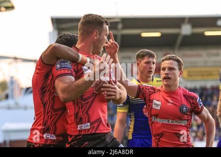 Warrington, UK. 29th Apr, 2022. Iain Thornley #4 of Wigan Warriors celebrates his second try  in Warrington, United Kingdom on 4/29/2022. (Photo by Mark Cosgrove/News Images/Sipa USA) Credit: Sipa USA/Alamy Live News Stock Photo