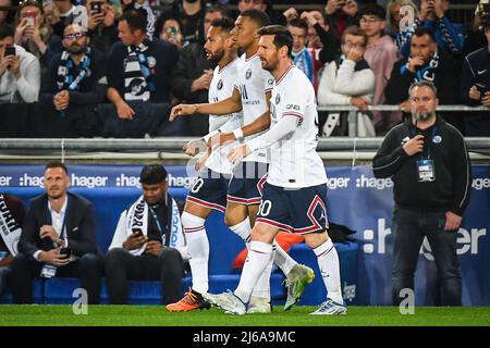 April 29, 2022, Strasbourg, France, France: Kylian MBAPPE of PSG celebrate his goal with NEYMAR JR of PSG and Lionel (Leo) MESSI of PSG during the Ligue 1 match between Racing Club de Strasbourg and Paris Saint-Germain (PSG) at La Meinau stadium on April 29, 2022 in Strasbourg, France. (Credit Image: ©  Matthieu Mirville/ZUMA Press Wire) Stock Photo