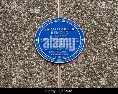 Sarah Parker Redmond Blue Plaque Bloomsbury London - Sarah Parker Redmond was an African American Abolitionist who studied at UCL & Bedford College. Stock Photo