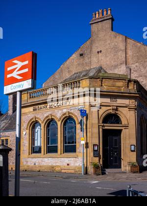 Conwy North Wales, Conwy Train Station and the Bank of Conwy Bar in Conwy Town Centre Stock Photo