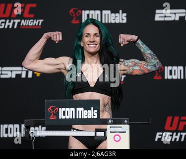 Las Vegas, USA. 29th Apr, 2022. LAS VEGAS, NV - April 29: Gina Mazany steps on the scale for the official weigh-in at the UFC Apex for UFC Fight Night - Font vs Vera on April 29, 2022 in LAS VEGAS, United States. (Photo by Louis Grasse/PxImages) Credit: Px Images/Alamy Live News Stock Photo