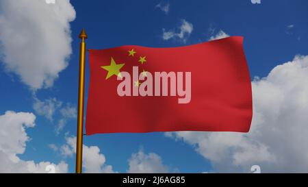 Flag of China waving 3D Render with flagpole and blue sky, National Flag of the Peoples Republic of China, Five-starred Red Flag, Chinese Communist Stock Photo