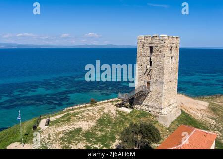 Aerial view of  byzantine tower and beach of village Nea Fokea in peninsula Kassandra Halkidiki Greece Stock Photo