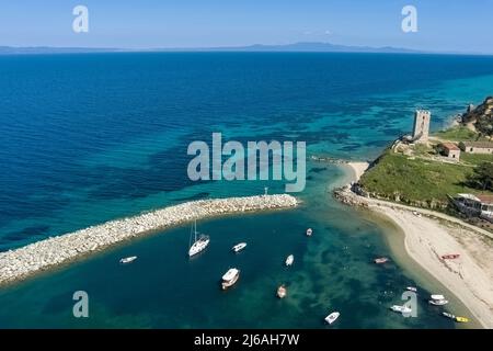 Aerial view of  byzantine tower and beach of village Nea Fokea in peninsula Kassandra Halkidiki Greece Stock Photo