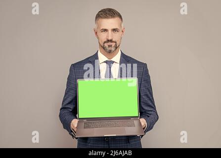 webinar pc advertisement. businessman presenting product. success. presentation on computer. Stock Photo