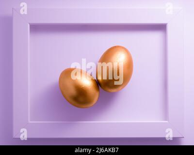 Golden egg on pink. Two eggs pair. Minimal food concept Stock Photo