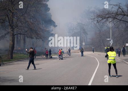 Ontario, Canada. 29th Apr, 2022. April 29, 2022, Toronto, Ontario, Canada: City of Toronto forest workers set light to a large portion of High Park in the west end of the city Friday afternoon. The controlled burn is meant to clear dried plants that are inhibiting new growth in the park. (Credit Image: © Arlyn McAdorey/ZUMA Press Wire) Credit: ZUMA Press, Inc./Alamy Live News Stock Photo