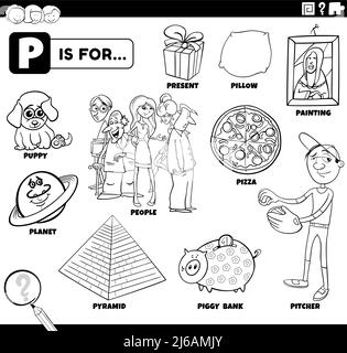 Black and white educational cartoon illustration for children with comic characters and objects set for letter P coloring book page Stock Vector
