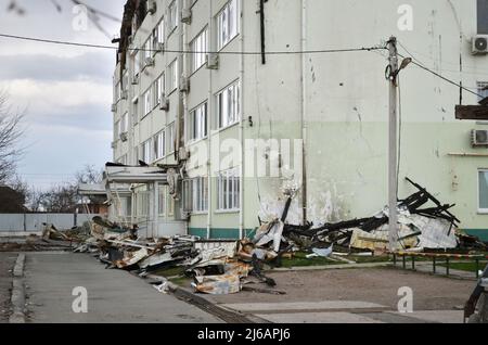 Myla, Kyiv region, Ukraine - Apr 11, 2022: Damaged residential building after the occupation of Ukrainian settlements by the Russian forces. Stock Photo