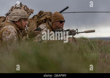 U.S. Marines with 1st Battalion, 7th Marine Regiment, 1st Marine Division, plan their next movements at Saylor Creek Range in Grasmere, Idaho during exercise Garnet Rattler April 25, 2022. Garnet Rattler is a joint exercise between Marines, Soldiers and Airmen to train and qualify Joint Terminal Attack Controllers (JTAC) to be more efficient and lethal in a realistic training environment. (U.S. Marine Corps photo by Cpl. Timothy Fowler) Stock Photo