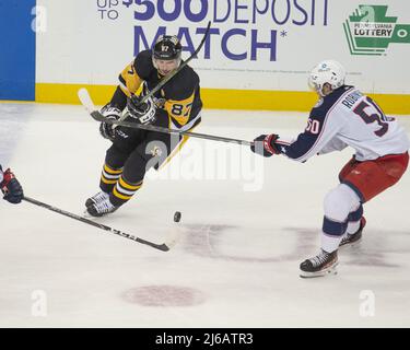 Columbus Blue Jackets left wing Johnny Gaudreau (13) passes the puck as ...