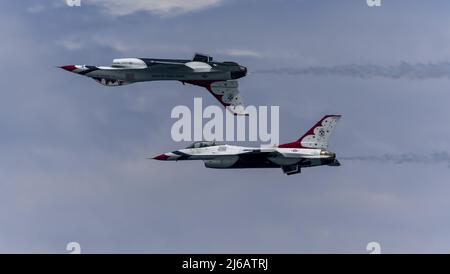 Florida, USA. 29th Apr, 2022. The U.S. Air Force Thunderbirds perform practice moves  at the Ft Lauderdale beach during practice day in Ft Lauderdale, Florida, on Friday,  April 29,2022. .The Fort Lauderdale air show  will feature  the U.S. Air Force Thunderbirds,Navy F-35 Lightning, A-10 Thunderbolt, Navy F-18 Rhino, and Michael Goulian and will run on April 30 and May 1, 2022 over Ft Lauderdale Beach. Photo By Gary I Rothstein/UPI Credit: UPI/Alamy Live News Stock Photo