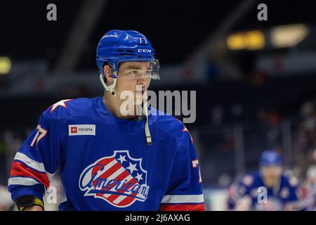 New York, USA. 29th Apr, 2022. April 29, 2022: Rochester Americans forward JJ Peterka (77) looks around prior to a game against the Utica Comets. The Rochester Americans hosted the Utica Comets in an American Hockey League game at the Blue Cross Arena in Rochester, New York. (Jonathan Tenca/CSM) Credit: Cal Sport Media/Alamy Live News Stock Photo