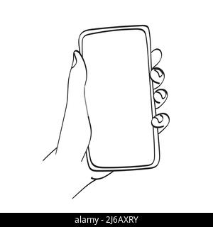 closeup hand holding smartphone with blank screen illustration vector hand drawn isolated on white background line art. Stock Vector