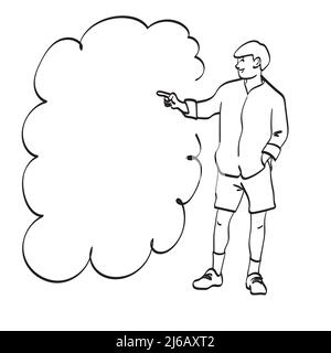 full length of man pointing in one direction on bubble speech illustration vector hand drawn isolated on white background line art. Stock Vector