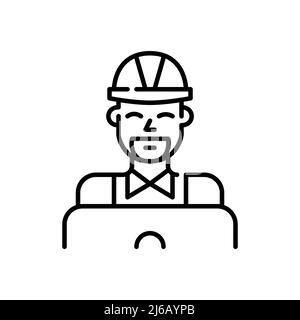 Smiling young professional working at laptop. Software engineer in hard hat. Pixel perfect, editable stroke icon Stock Vector