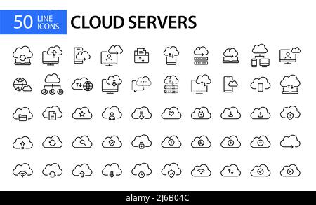 50 cloud storage server icons. Pixel perfect, editable stroke line art Stock Vector