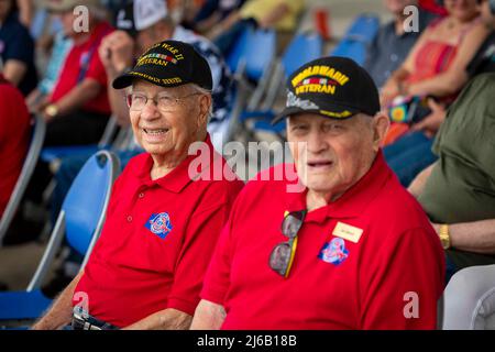 Apr 23, 2022 - Joint Base San Antonio-Randolph, Alabama, USA - World War II vets attend The Great Texas Air Show, Apr. 23 2022, at Joint Base San Antonio-Randolph, Texas. The Great Texas Airshow, featuring the Thunderbirds, was April 23 thru 24 at JBSA-Randolph. The Thunderbirds perform for people all around the world to display the pride, precision and professionalism the U.S. Air Force represents. Through air shows and flyovers, they aim to excite and inspire. In addition to showcasing the elite skills all pilots must possess, the Thunderbirds demonstrate the incredible capabilities of the A Stock Photo