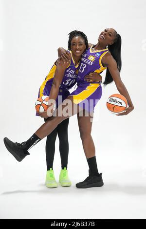 Los Angeles Sparks forward Nneka Ogwumike (30) and guard Chennedy Carter  (7) pose during media day, Wednesday, Apr. 27, 2022, in Torrance, Calif.  Photo via Newscom Stock Photo - Alamy