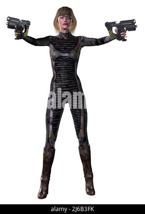 futuristic Warrior woman armed with guns, 3d illustration Stock Photo