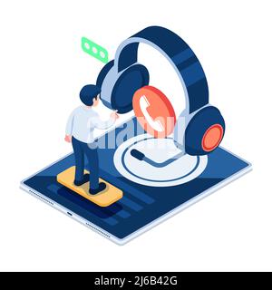 Flat 3d Isometric Businessman Touching Headsets with Phone Call Icon. Customer Service and Technical Support Concept. Stock Vector
