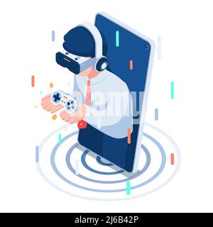 Flat 3d Isometric Businessman Wearing VR Glasses and Holding Video Game Controller. Metaverse Virtual Reality Game Concept. Stock Vector