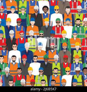 Vector seamless pattern group of working people standing together. Different nationalities and dress styles. Cute and simple in flat style. Illustrati Stock Vector
