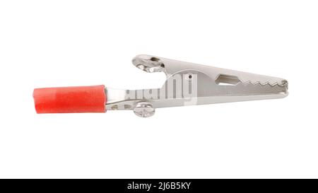 Silver colored alligator clamp with red insulator. Isolated on white, clipping path included Stock Photo