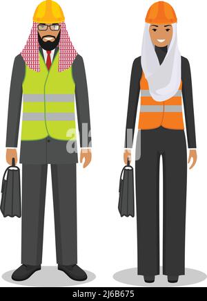 Couple of arabian muslim people isolated on white background. Set of engineers, business man and woman standing together. Cute and simple in flat styl Stock Vector