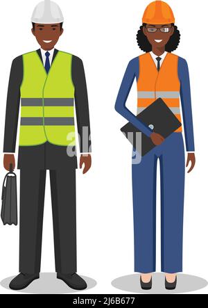 Couple of african american people isolated on white background. Set of engineers, business african american man and woman standing together. Cute and Stock Vector
