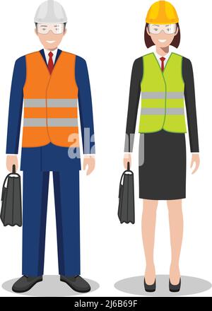 Couple of american, european people isolated on white background. Set of engineers, business man and woman standing together. Cute and simple in flat Stock Vector