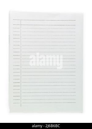 Torn lined sheet of white paper close-up. Top view with copy space for texture and background isolated on white, clipping path included Stock Photo