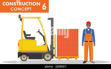 Detailed illustration of forklift and worker in flat style on white background. Stock Vector