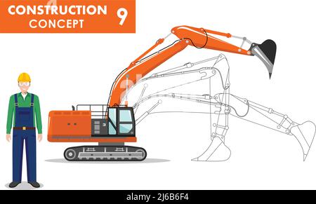 Detailed illustration of workman and excavator in flat style on white background. Stock Vector
