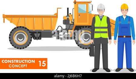 Detailed illustration of off-highway truck and miner, worker, builder, driver, engineer, businessman in flat style on white background. Heavy construc Stock Vector