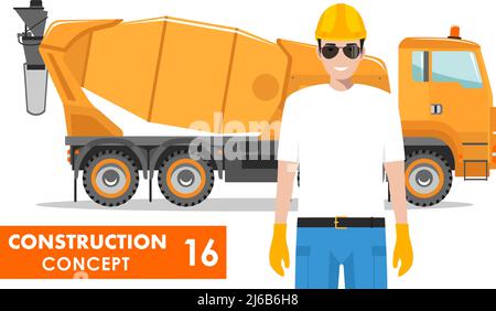 Detailed illustration of concrete mixer and worker, builder, driver in flat style on white background. Heavy construction equipment and machinery. Stock Vector