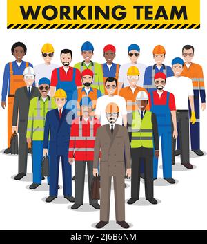 Group of working people isolated on white background. Set of diverse worker, builder and engineer standing together. Different nationalities and dress Stock Vector