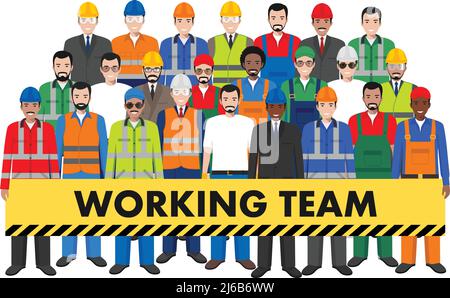 Group of working people isolated on white background. Set of diverse worker, builder and engineer standing together. Different nationalities and dress Stock Vector