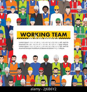 Vector seamless pattern group of working people standing together. Different nationalities and dress styles. Cute and simple in flat style. Illustrati Stock Vector